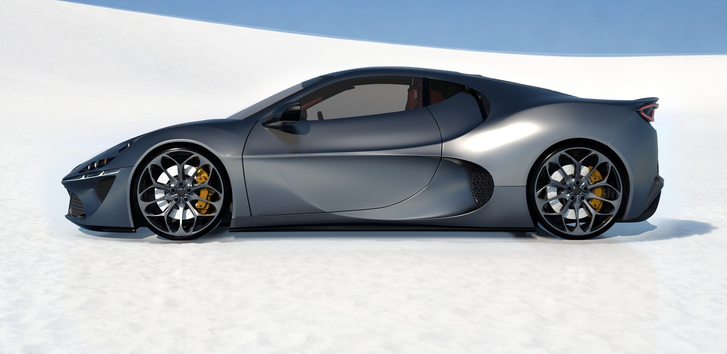 Evangelum 完整侧视图,白色沙地,深蓝天空。